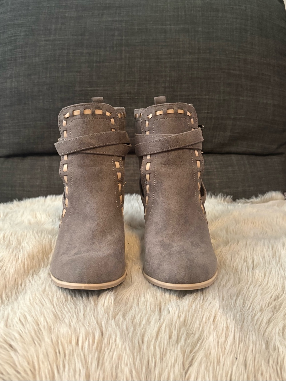 VENUS Taupe/Grey Suede Ankle Booties with Cutout Strap Detail